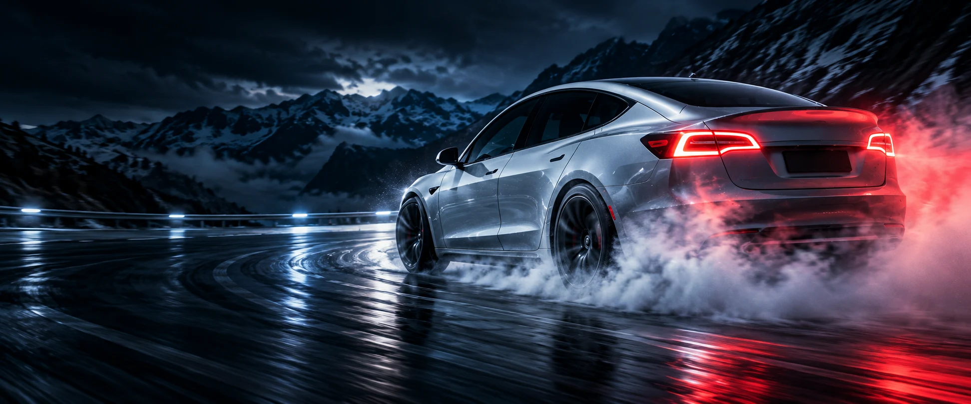 Silver Tesla drifting on a mountain test circuit at blue hour